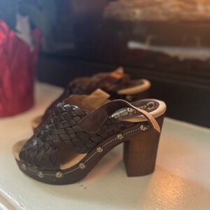 Western Platform Studded Leather Weave Sandal Heels